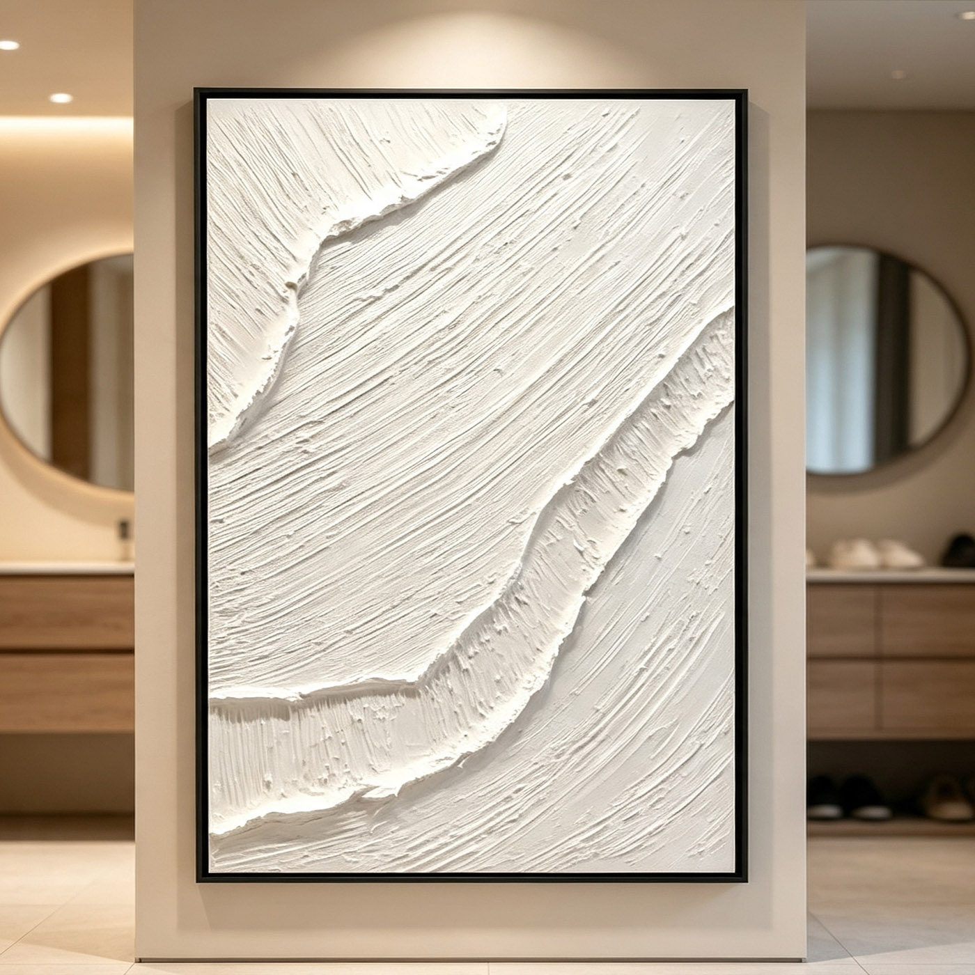 Home Decor White - 手描きの白い3D厚塗り抽象油絵 ミニマリストの波型キャンバスウォールアート 細額縁のホームデコレーション