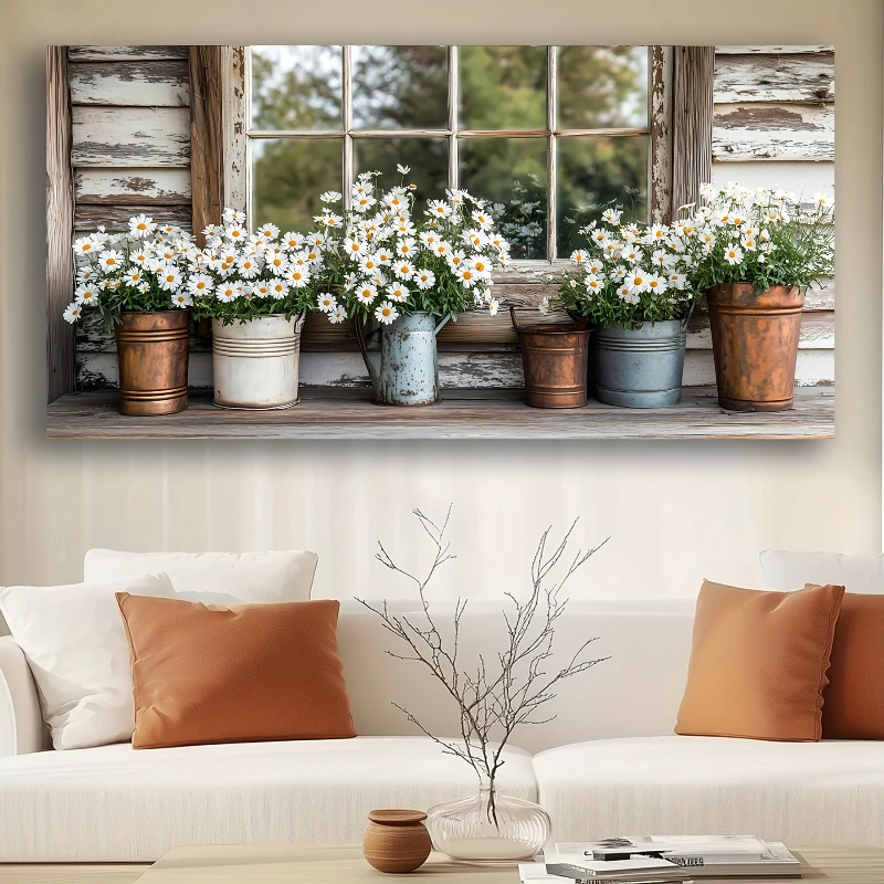 Home Decor Daisy - レトロな田舎風の農家をモチーフにした風景ポスターとプリント。白いデイジーの花を描いたキャンバス絵画で、リビングや家のインテリアに最適な壁掛けアートです。