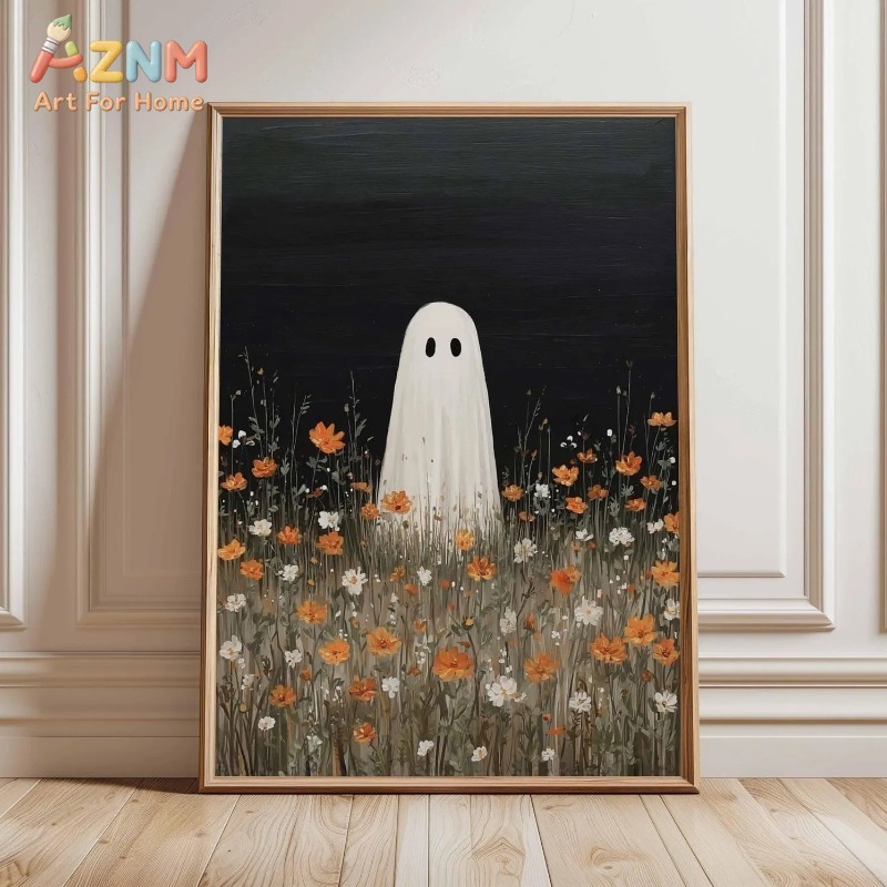 Home Decor Orange - オレンジ色の野花の草原にいるゴースト、ハロウィンキャンバスフレームレスポスター、秋のリビングルームの家の壁装飾用ヴィンテージアートプリント
