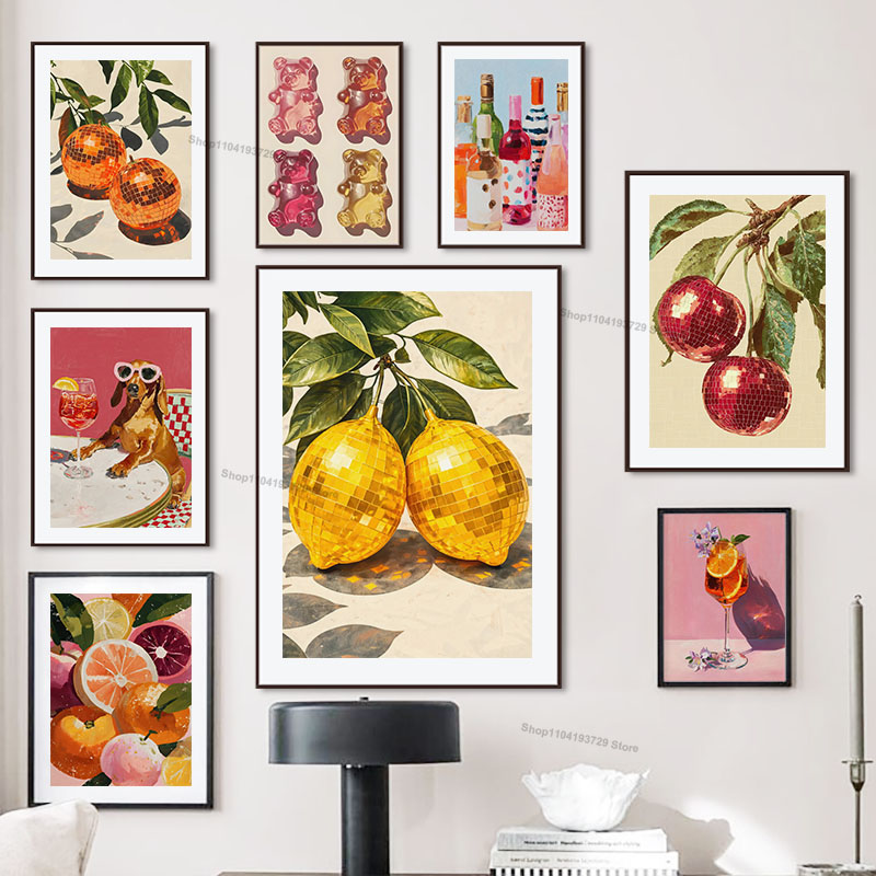Home Decor Orange - レトロでトレンディなレモンオレンジ犬キャンディワインディスコボールクリエイティブポスターキャンバス絵画ウォールアートプリントバーキッチンホームルームデコレーション