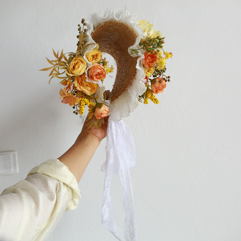 Home Decor Locations - ロケーション：田園風景のフランスのウェディング写真、花嫁DIY粘着花ストローハット、フラットハット、レトロな英国風フォトレースハット