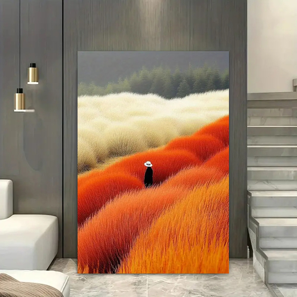 Home Decor Orange - 現代抽象風景ポスターとプリントベージュオレンジ花畑キャンバス絵画壁アート画像リビングルームの家の装飾