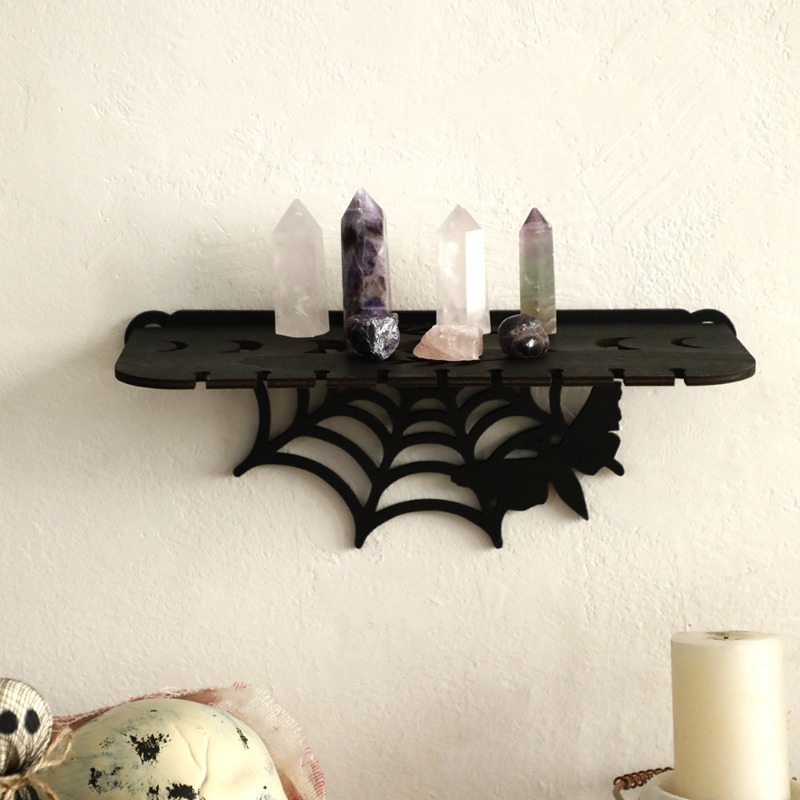Floating Shelves - 新しいハロウィンゴシック蜘蛛の巣ウォールシェルフダークウッドフローティング収納ラック寝室壁掛けクラフトデコレーション