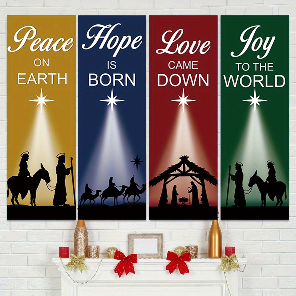 Home Decor Locations - 宗教的な祝福を描いたクリスマスをテーマにしたバナー4枚セット。教会、家庭、その他の場所の壁の装飾に適しています。