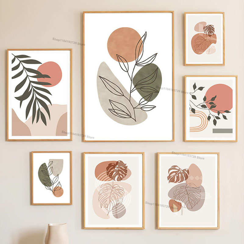 Home Decor Orange - 自由奔放に生きるスタイルのグリーンオレンジリーフ太陽虹幾何学模様ウォールアートキャンバス絵画抽象ラインポスタープリントリビングルーム装飾用絵画