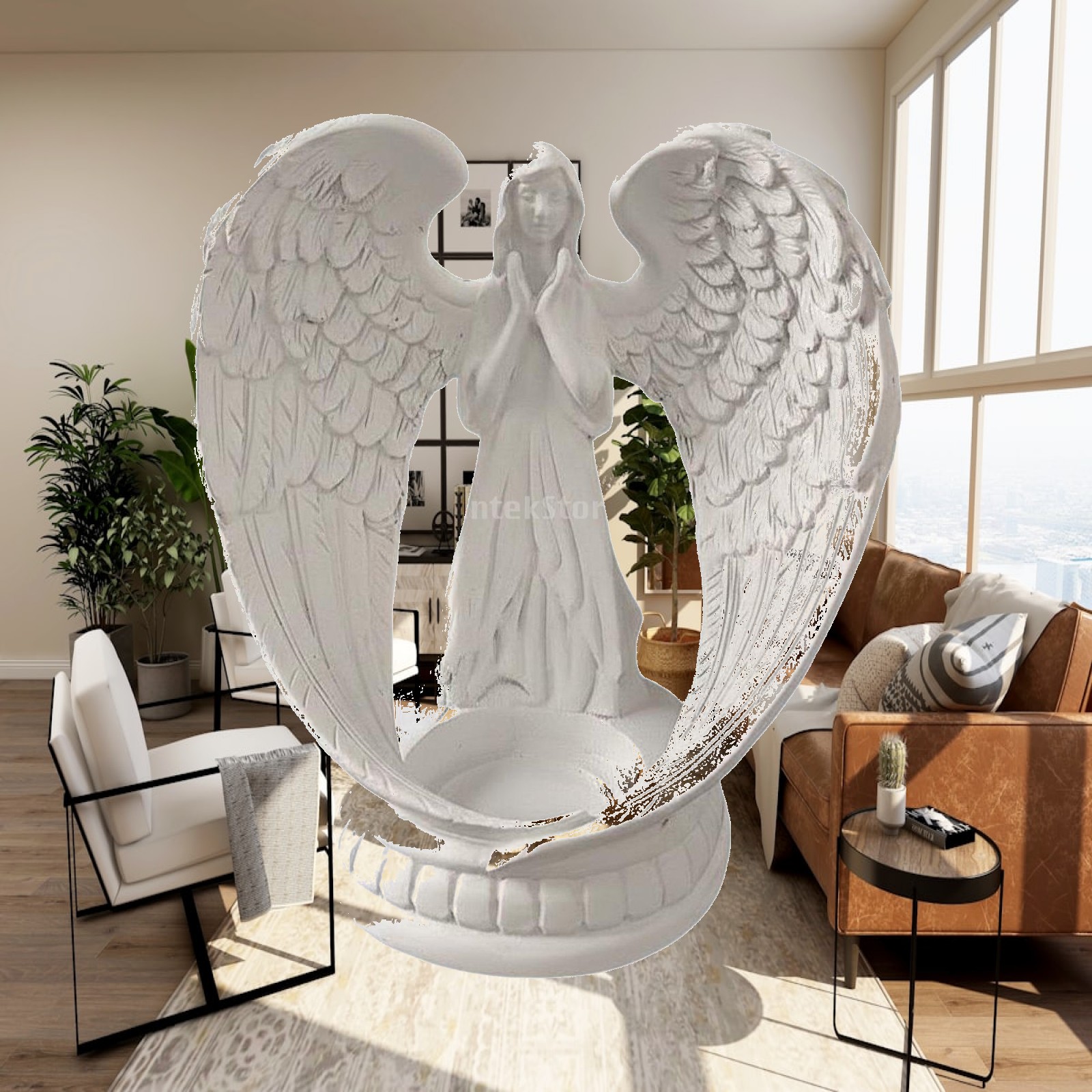 Home Decor White - 白い樹脂製の天使像、北欧デザインの天使の翼のキャンドルホルダー、ロマンチックな雰囲気の燭台、結婚式、リビングルーム、テーブル用
