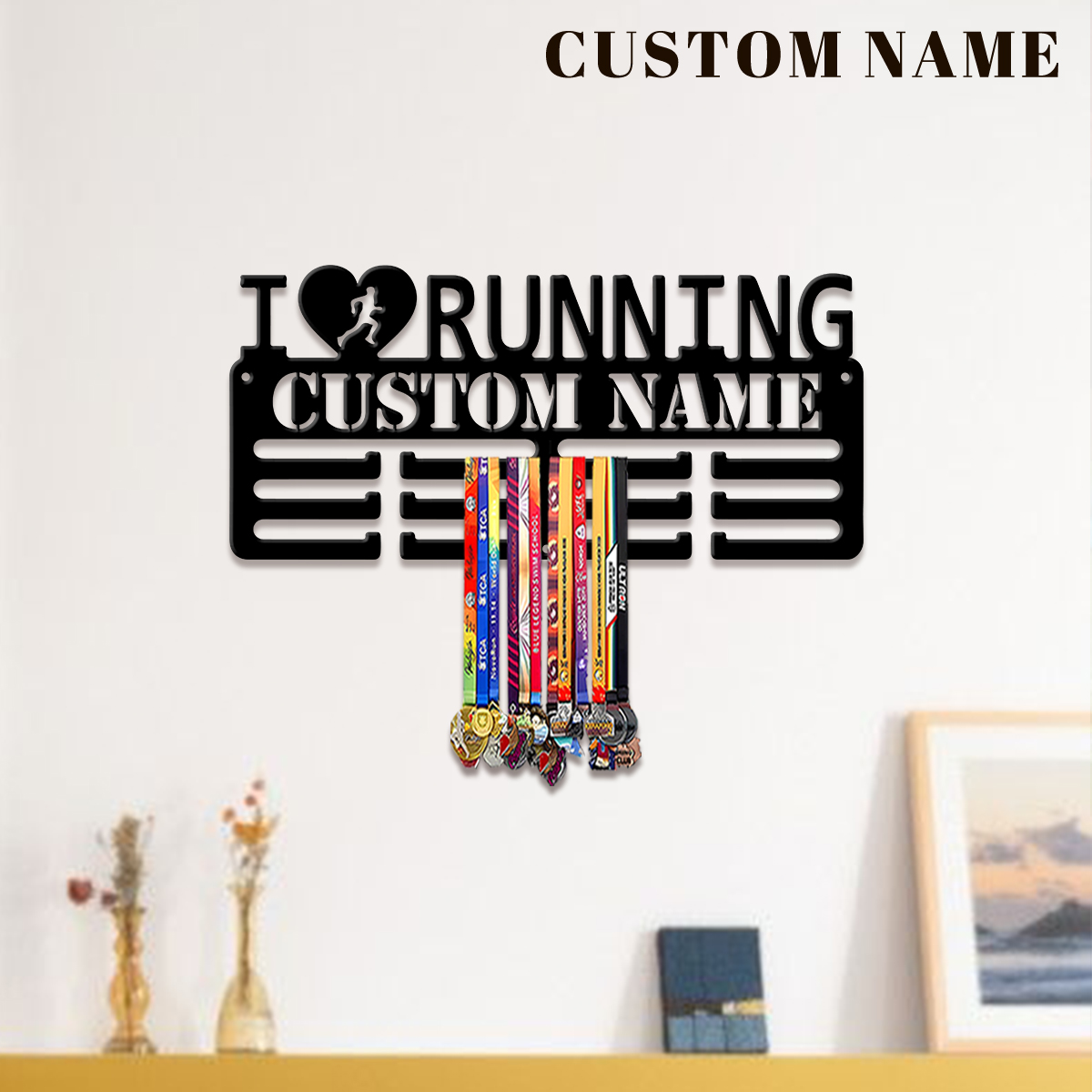 Home Decor For Birthday - カスタム「I Love Running」メタルメダルディスプレイラック、バレンタインギフト、部屋の装飾用、バスケットボール、サッカーの練習に最適