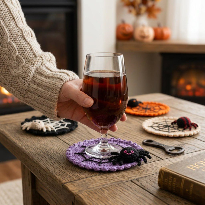 Home Decor Orange - 10cm ハロウィーン スパイダーウェブ柄の編み込みコースター、手作りのカップマット、コーヒー、紅茶、飲み物用のプレースマット、ゴシック調のパーティー、家庭用テーブルデコレーション、ギフト。