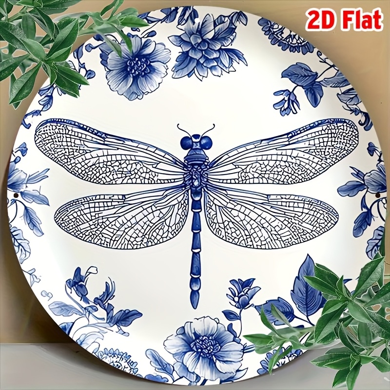 Home Decor White - 2Dフラット、[2Dフラット] 1個 ラウンドルームデコレーション 青と白の磁器トンボプレートデザイン アルミサイン -