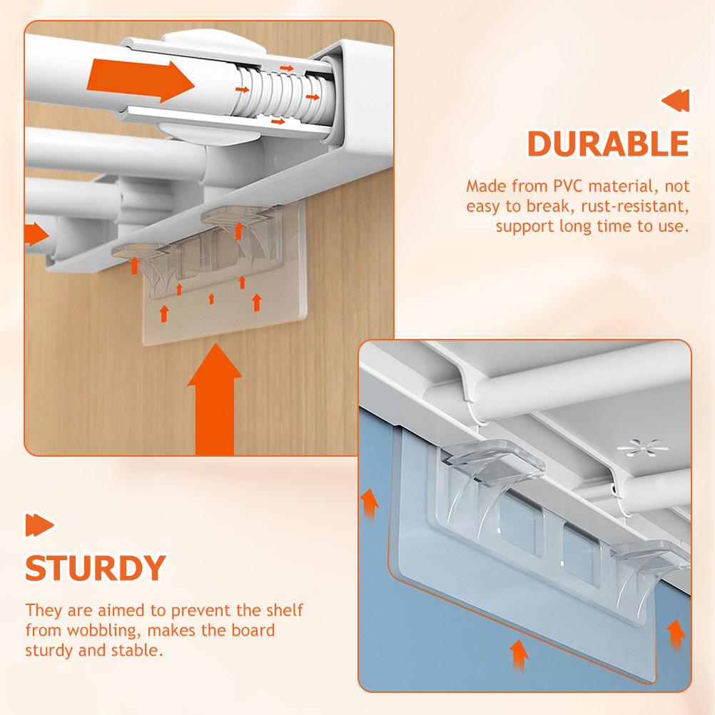 Floating Shelves - 透明な棚受け金具8個入り。長めのストリップ型で、壁に穴を開けずに取り付け可能。キャビネットや本棚の棚受けとして使用でき、耐久性があり、安定性に優れています。
