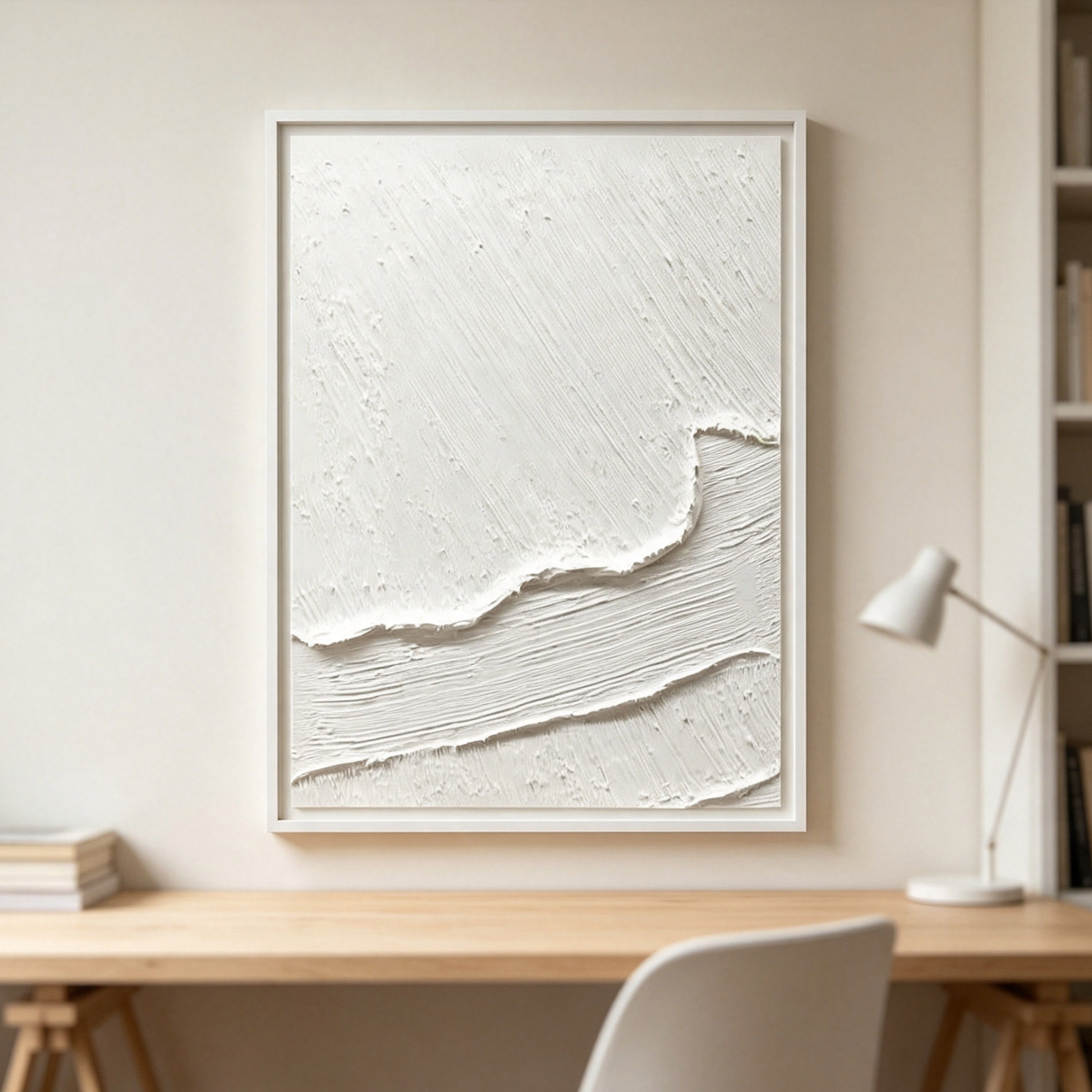 手描きの白い3D厚塗り抽象油絵 ミニマリストの波型キャンバス - Home Decor White のレビューと価格