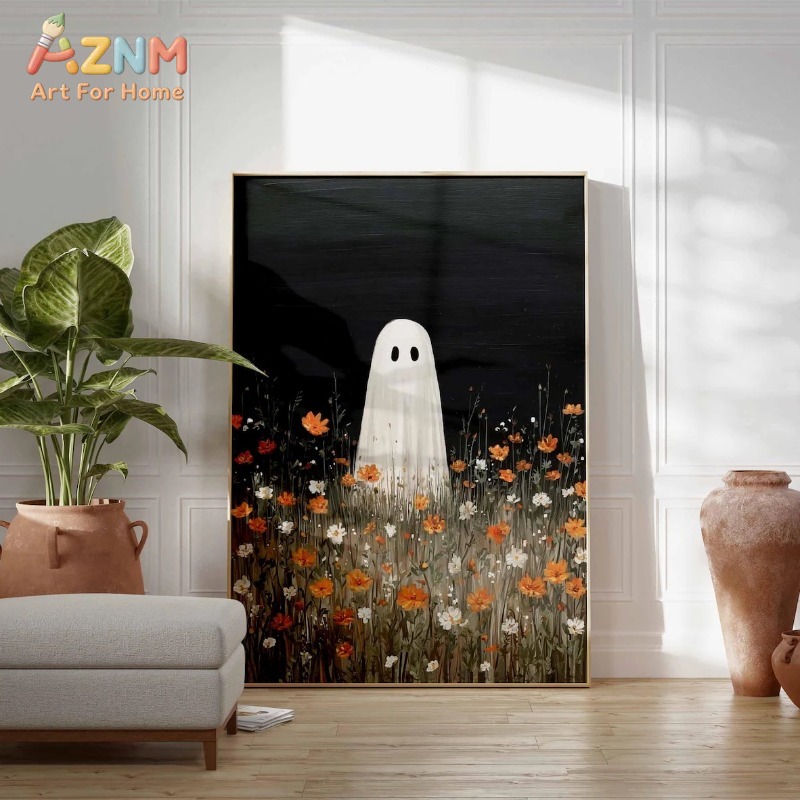 オレンジ色の野花の草原にいるゴースト、ハロウィンキャンバスフ - Home Decor Orange のレビューと価格