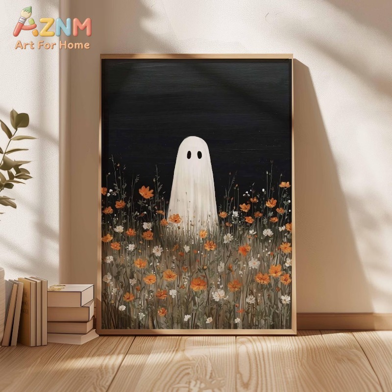 オレンジ色の野花の草原にいるゴースト、ハロウィンキャンバスフ - Home Decor Orange のレビューと価格