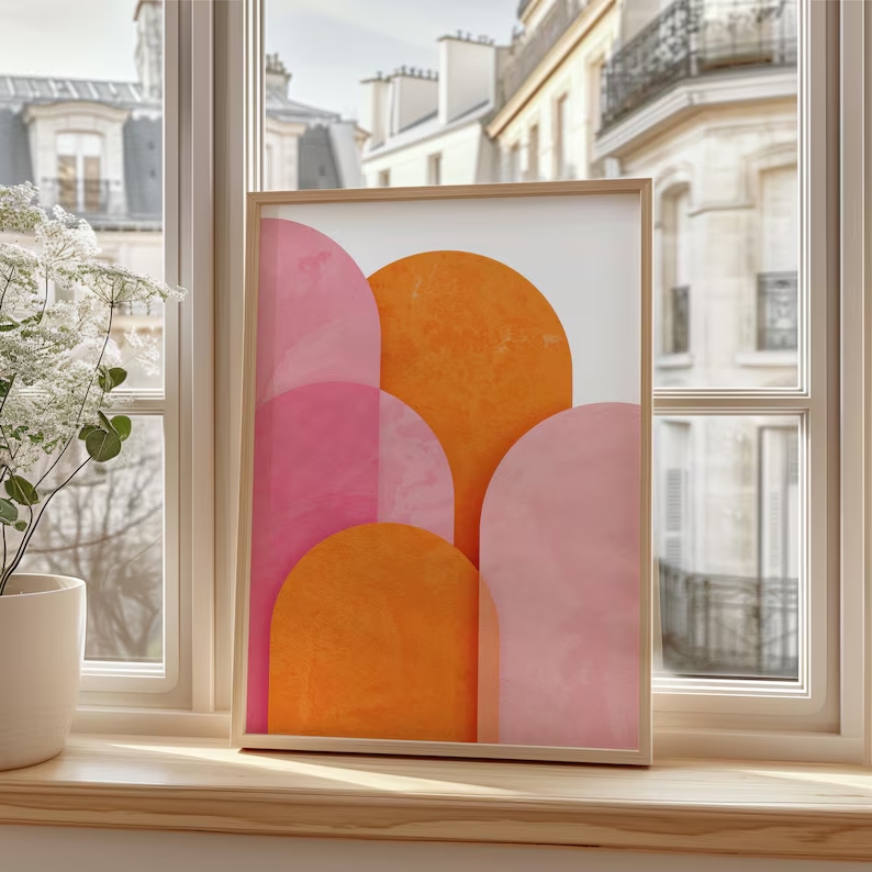 モダンな抽象的なカラフルなピンクオレンジの幾何学模様の壁アー - Home Decor Orange のレビューと価格