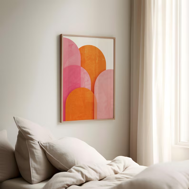 モダンな抽象的なカラフルなピンクオレンジの幾何学模様の壁アー - Home Decor Orange のレビューと価格