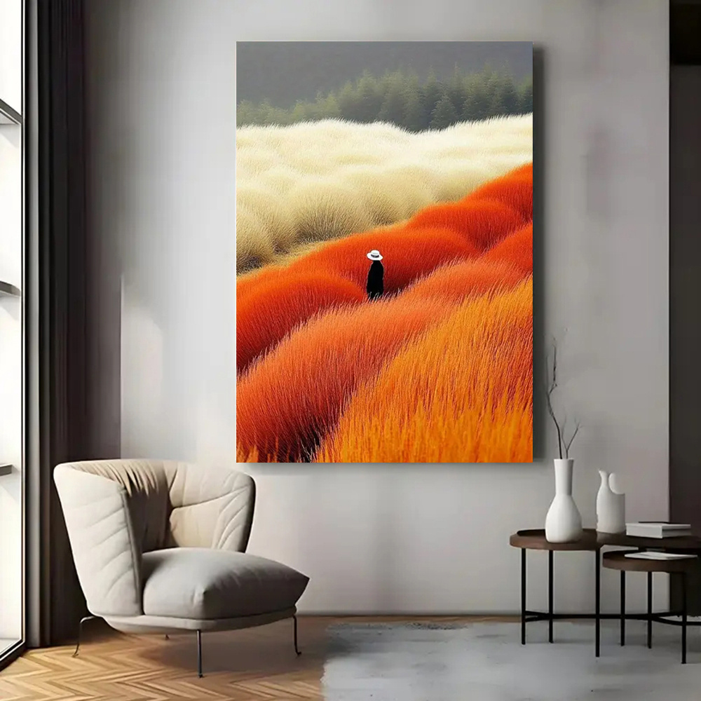 現代抽象風景ポスターとプリントベージュオレンジ花畑キャンバス - Home Decor Orange のレビューと価格