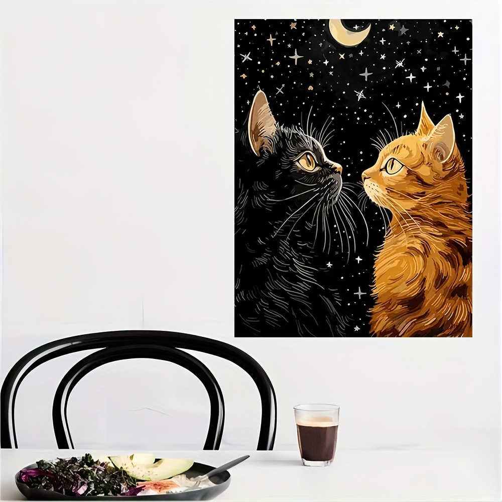 鮮やかな黒猫とオレンジ猫、星と月のポスタープリント、動物アー - Home Decor Orange のレビューと価格