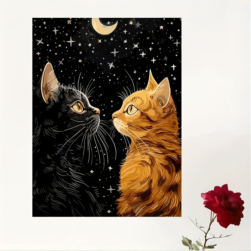 鮮やかな黒猫とオレンジ猫、星と月のポスタープリント、動物アー - Home Decor Orange のレビューと価格
