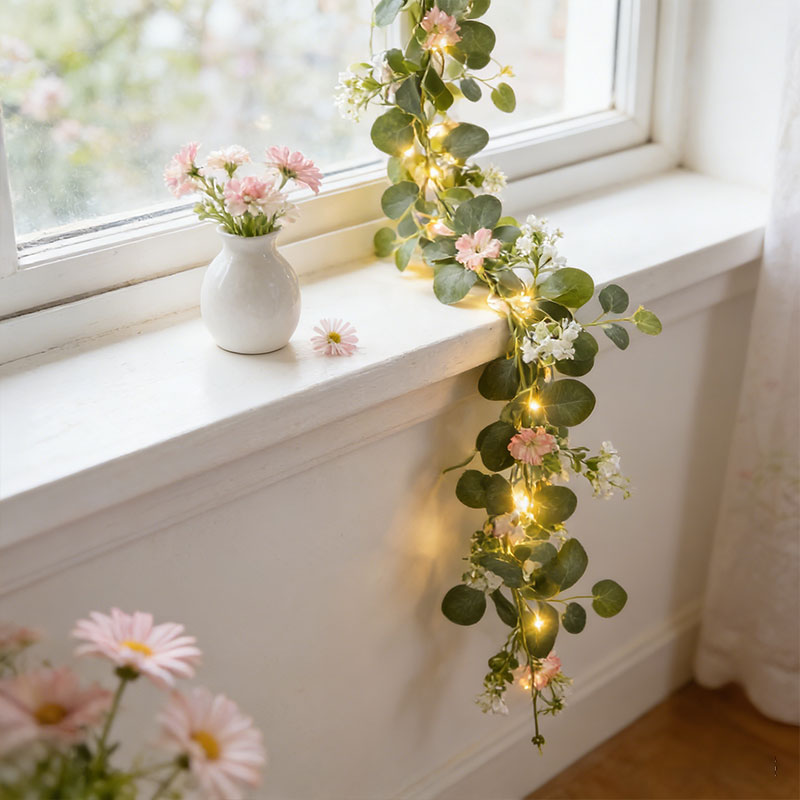 ライト付き人工ユーカリガーランド、吊り下げ式デイジーフラワー - Home Decor Daisy のレビューと価格