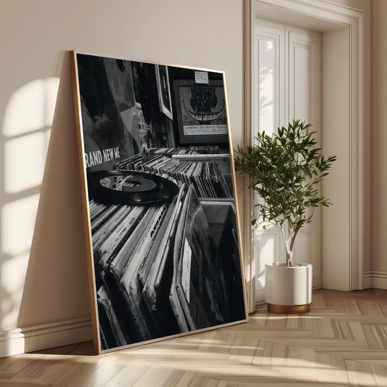 現代のビニールレコードストア黒白写真壁アートプリントキャンバ - Home Decor White のレビューと価格