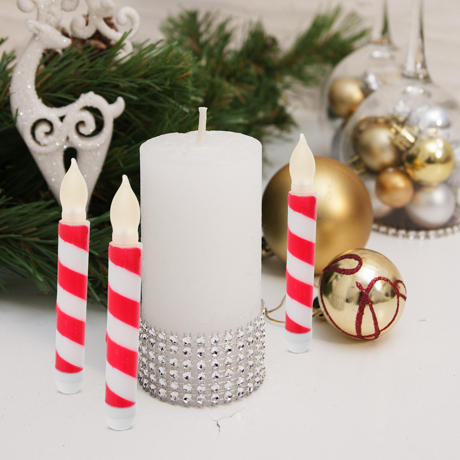 6個入り、電池式で炎を使わないテーパーキャンドル。ストライプ - Home Decor White のレビューと価格
