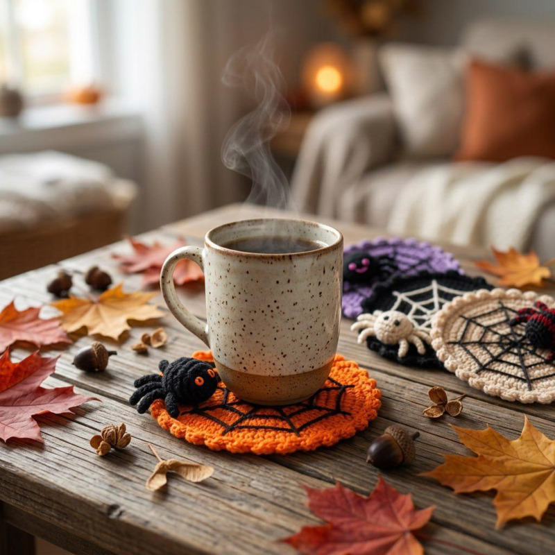 10cm ハロウィーン スパイダーウェブ柄の編み込みコースタ - Home Decor Orange のレビューと価格