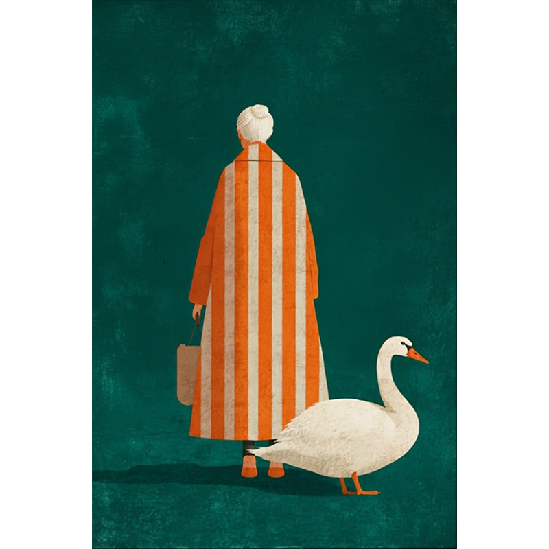 オレンジと白のストライプのポスターに描かれた老婦人と白いガチ - Home Decor Orange のレビューと価格