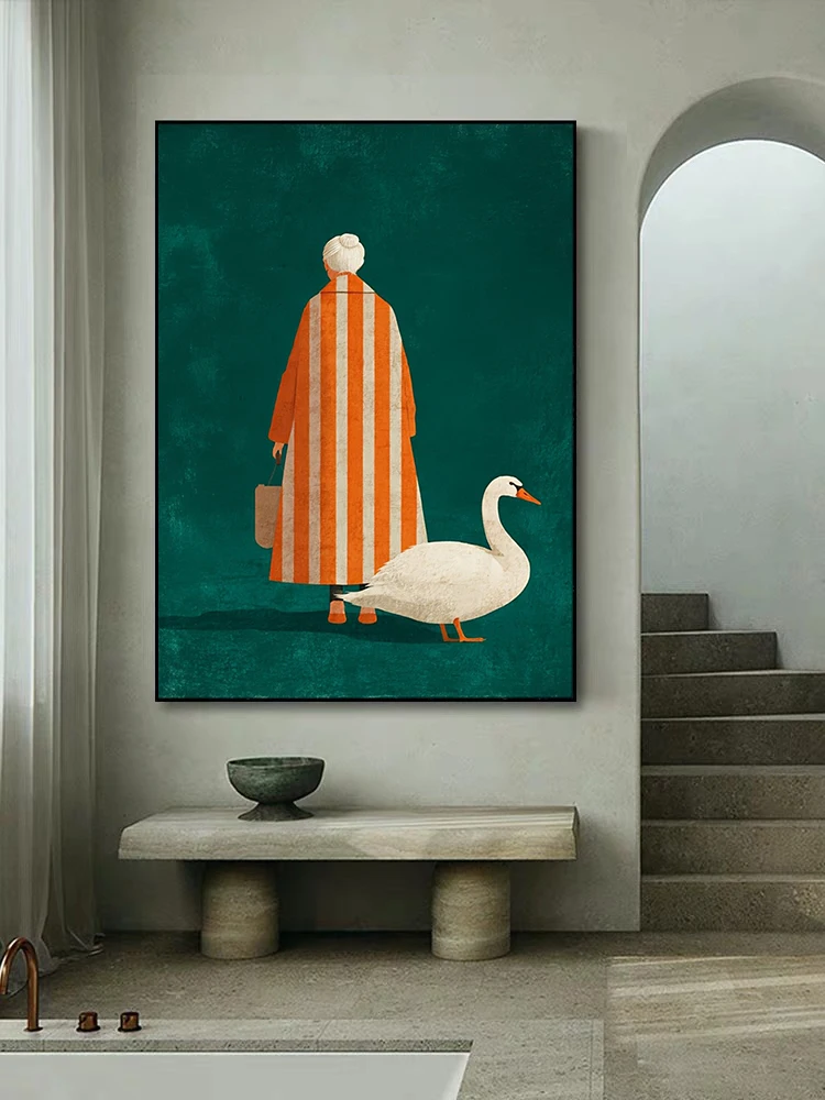 オレンジと白のストライプのポスターに描かれた老婦人と白いガチ - Home Decor Orange のレビューと価格
