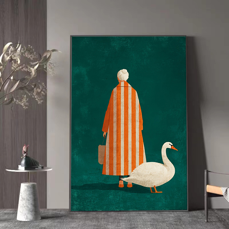 オレンジと白のストライプのポスターに描かれた老婦人と白いガチ - Home Decor Orange のレビューと価格